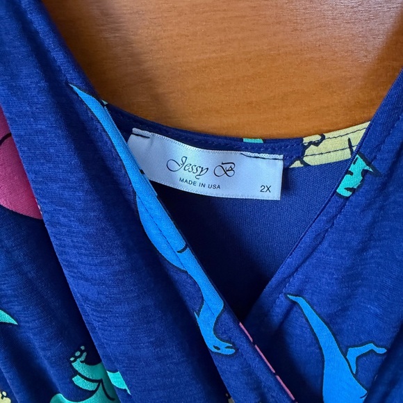 Modcloth Asymmetrical Dress with Dinosaur Print - Blue, Yellow, Pink - Picture 2 of 8